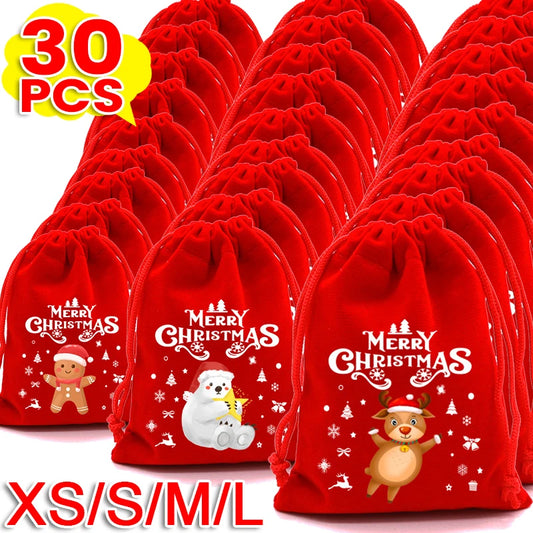 1/30pcs Christmas Gift Bags Red Velvet Drawstring Pouch Bulky Santa Candy