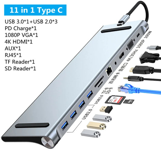 11/12-in-1 Type C Dock USB C Hub 3.0 Splitter Multiport Adapter